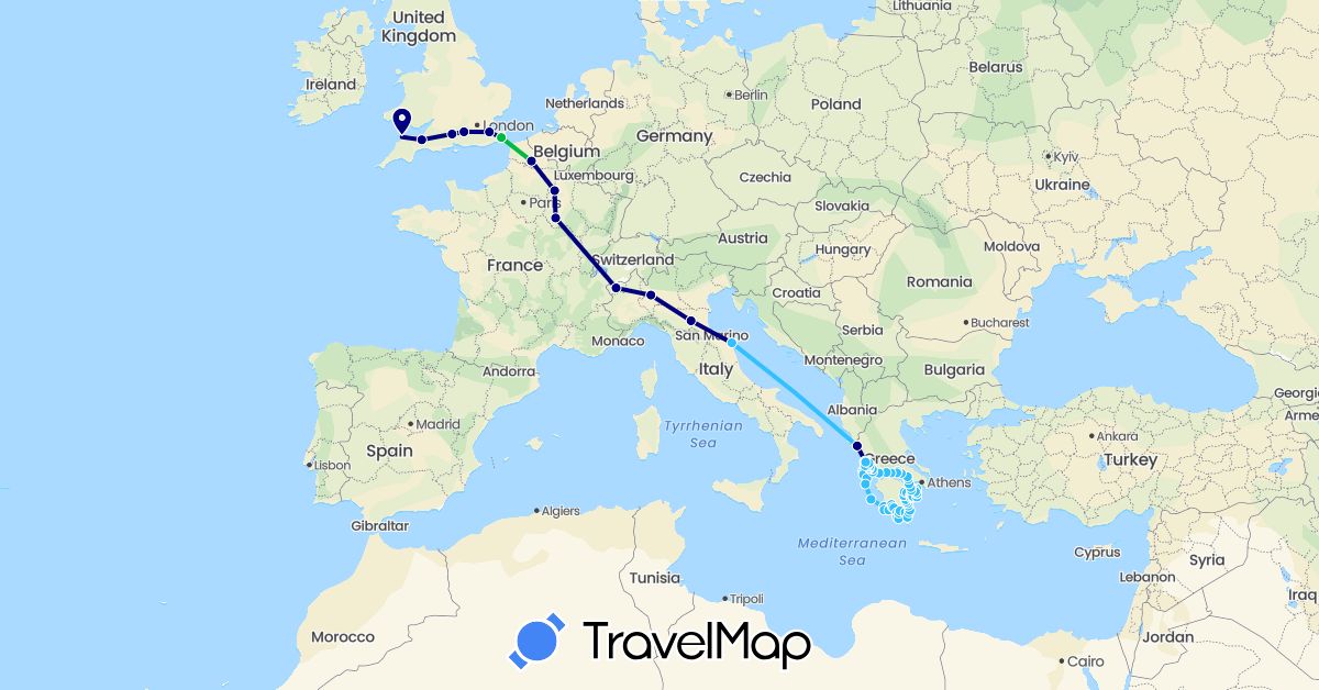 TravelMap itinerary: driving, bus, boat in France, United Kingdom, Greece, Italy (Europe)